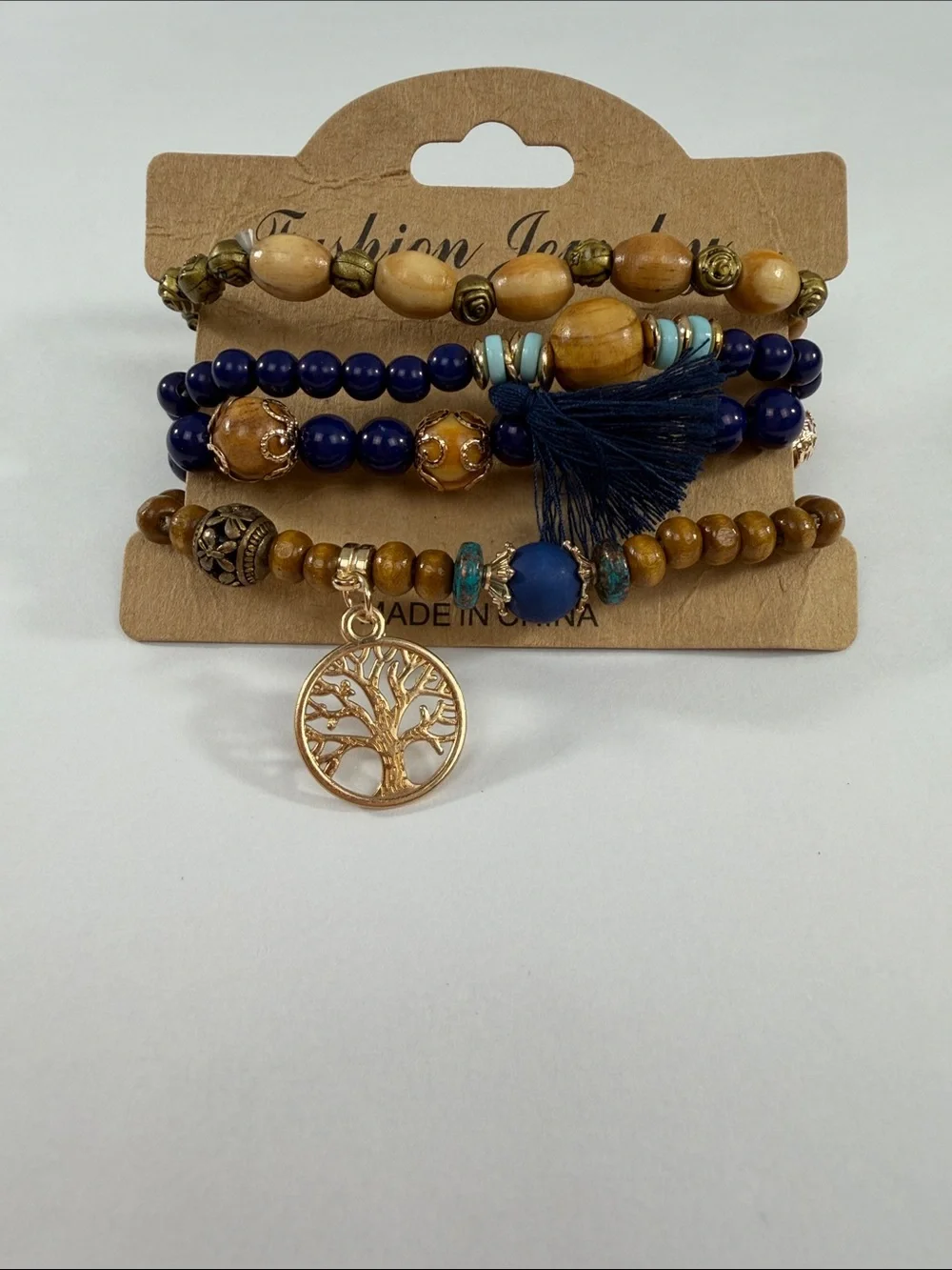 Fashion Jewelry Navy and Brown Beaded Bracelet Stack with Tree Charm